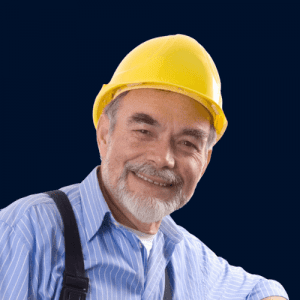 a smiling man in a hard hat and overalls