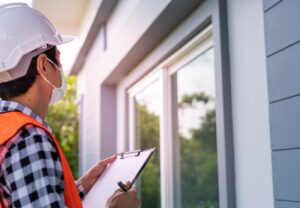 A person wearing a hard hat and safety vest is holding a clipboard and examining the exterior of a building.